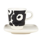 Marimekko Unikko espressokuppi ja lautanen 2 osaa Musta-valkoinen