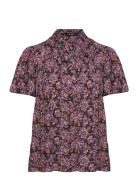 Floral Pleated Georgette Blouse Tops Blouses Short-sleeved Purple Laur...