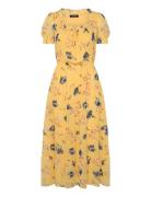 Floral Georgette Puff-Sleeve Midi Dress Polvipituinen Mekko Yellow Lau...