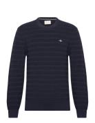 Stripe Textured Cotton C-Neck Tops Knitwear Round Necks Navy GANT