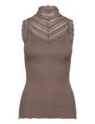 Silk Top W/ Lace Tops T-shirts & Tops Sleeveless Brown Rosemunde