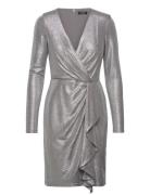 Metallic Knit Surplice Cocktail Dress Polvipituinen Mekko Silver Laure...