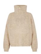 Lusinda Knit T-Neck Zip Tops Knitwear Jumpers Beige Second Female