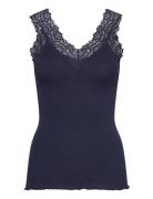 Organic Top W/ Lace Tops T-shirts & Tops Sleeveless Navy Rosemunde