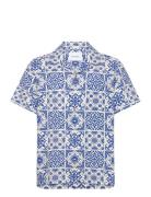 Tile Cotton Ss Shirt Tops Shirts Short-sleeved Blue Les Deux