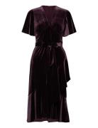 Belted Velvet Flutter-Sleeve Dress Polvipituinen Mekko Burgundy Lauren...