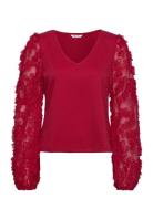 3D Floral Sleeve V-Neck Top Tops Blouses Long-sleeved Red Bubbleroom