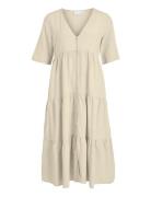Viprisilla V-Neck 2/4 Midi Dress/1 Polvipituinen Mekko Beige Vila