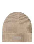 Patch Chunky Rib Cotton Beanie Accessories Headwear Beanies Beige Calv...