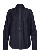 Denim Shirt With Seams Tops Shirts Long-sleeved Navy Mango